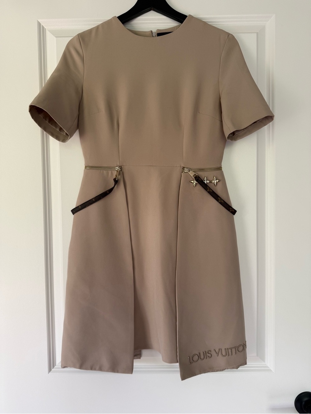 Taupe Short-Sleeve Mini Dress with Monogram Zip Accents